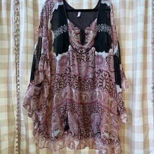 Free People Pink Paisley Sheer Boho Tunic with Black Accents